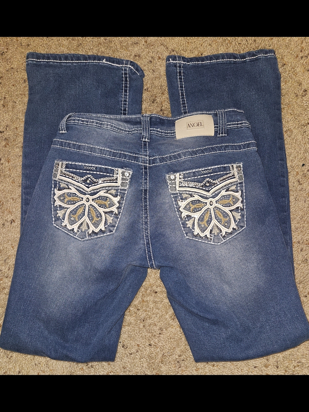 Size 7 Angel Women’s Boot Cut Jeans with Embroidered Pocket Detail - Blue